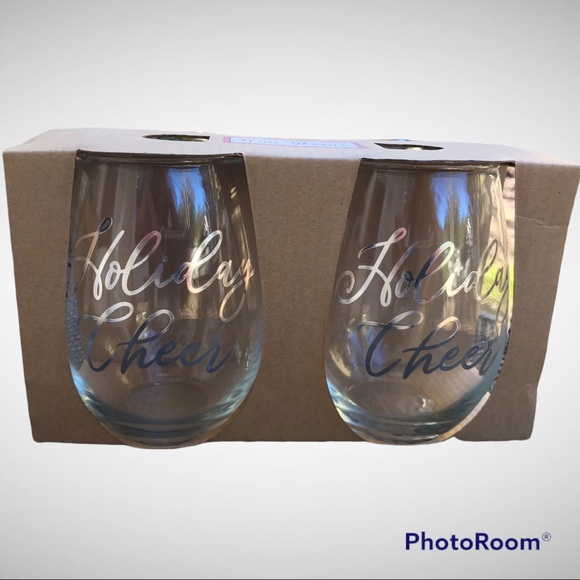 Set of 2 Stemless Wine Glasses with Holiday Cheer Monogrammed in Silver / NWT - Picture 3 of 6